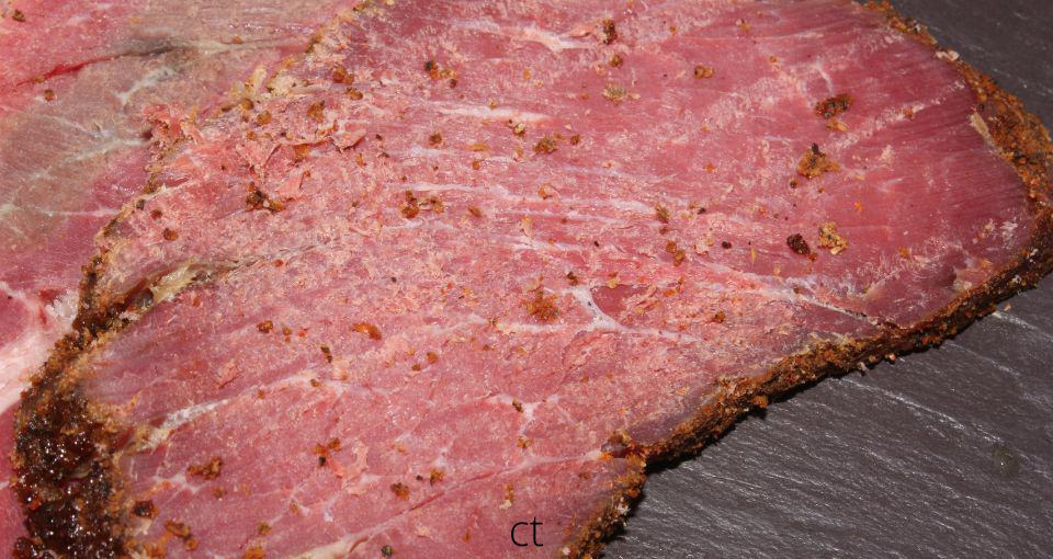 pastrami meat slice up close