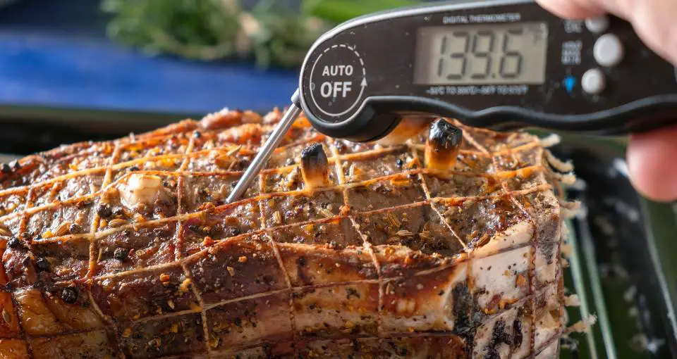 Digital Food Thermometer Probe Inside Piece of Meat Reading 139.6 F